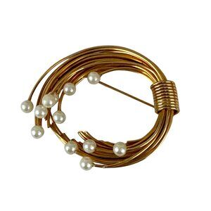 Vintage Gold Wire Circle Brooch Faux Pearls Mid Century Modern Pin 2" Round